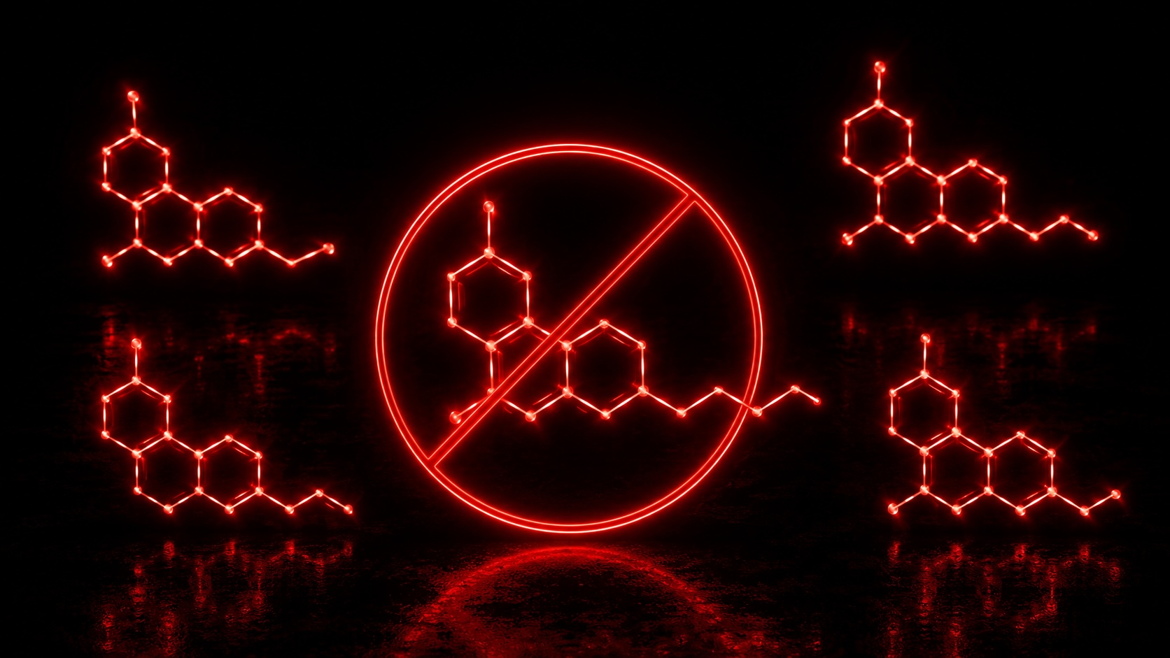 Représentation de molécules de cannabinoïdes, l'une barrée d'un symbole d'interdiction