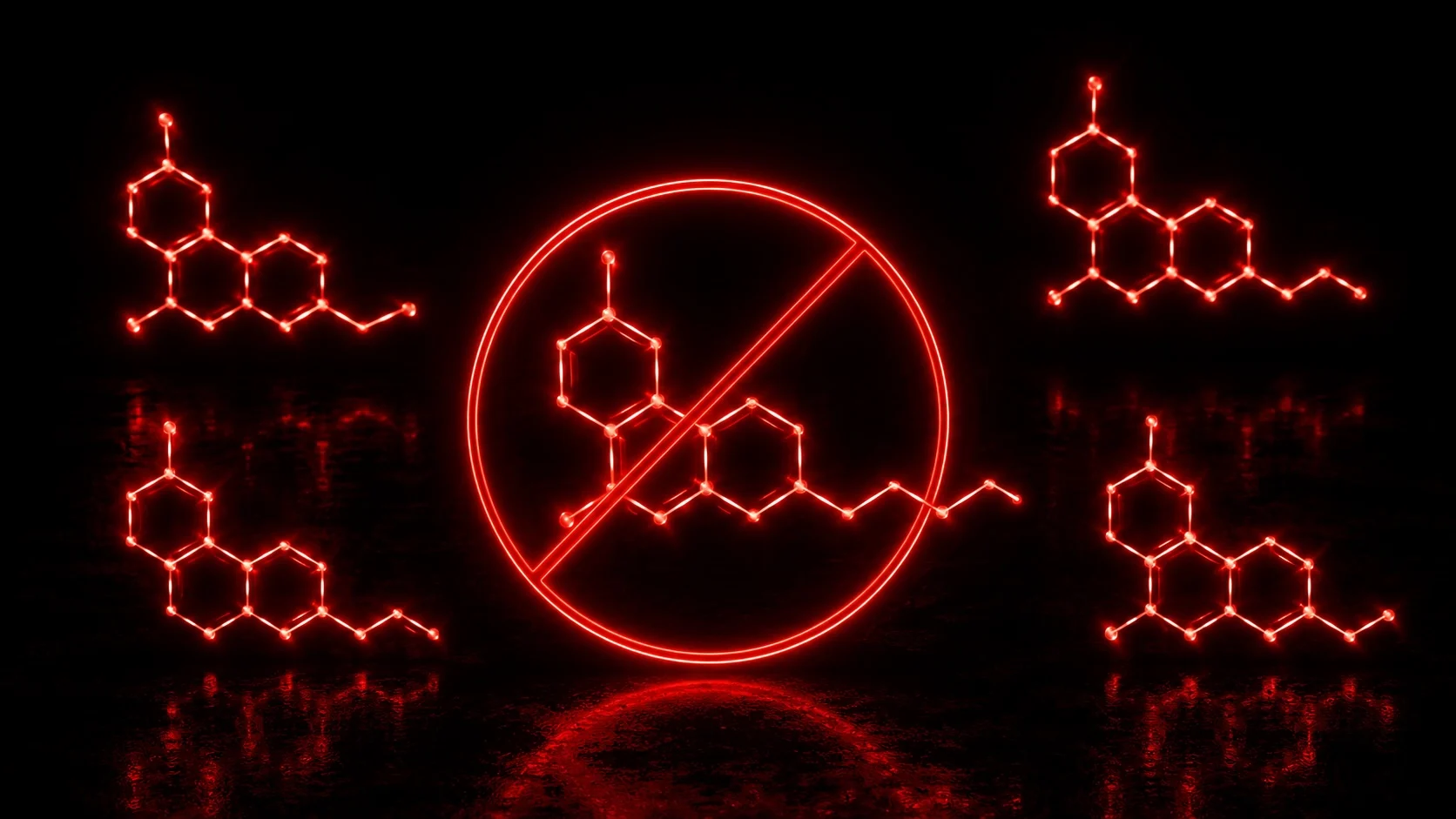 Représentation de molécules de cannabinoïdes, l'une barrée d'un symbole d'interdiction