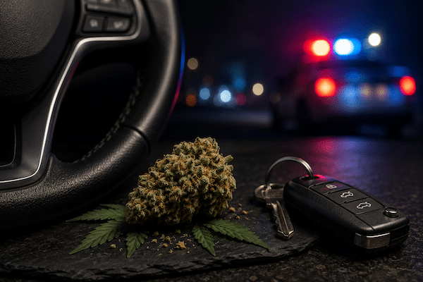 CBD et conduite : volant de voiture, clés et fleur de chanvre CBD sur fond sombre