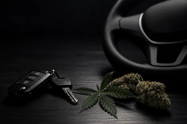 Risques liés à la conduite sous CBD : flacon de CBD, certificat d'analyse et clés de voiture posées à l'écart
